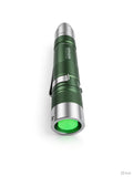 The Origin Candler standing on its wide nozzle, showing the green anodised body, knurled grip and pocket clip.