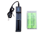 Battery charger with green batteries on a white background