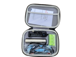 Open origin uv light case with torch, battery, charger, uv glasses, glasses cleaner, and instructions on a white background