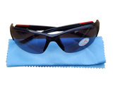 Black sunglasses with red accents on a blue cleaning cloth