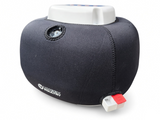 Side view of the Nurture Right 360 insulation cover showing the port opening, flatlock seam and Uneek Poultry logo, with the water top-up point clear at the base.