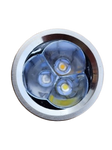 Close-up of a metallic light bulb on a white background
