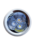 Close-up of a metallic light bulb on a white background